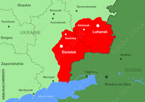 Ukraine with Donetsk and Luhansk republics (Donbass) on map close-up photo