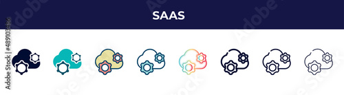saas icon in 8 styles. line, filled, glyph, thin outline, colorful, stroke and gradient styles, saas vector sign. symbol, logo illustration. different style icons set.