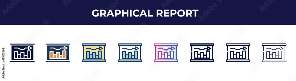 graphical report icon in 8 styles. line, filled, glyph, thin outline, colorful, stroke and gradient styles, graphical report vector sign. symbol, logo illustration. different style icons set. graphical report icon in 8 styles. line, filled, glyph, thin outline, colorful, stroke and gradient styles, graphical report vector sign. symbol, logo illustration. different style icons set.
