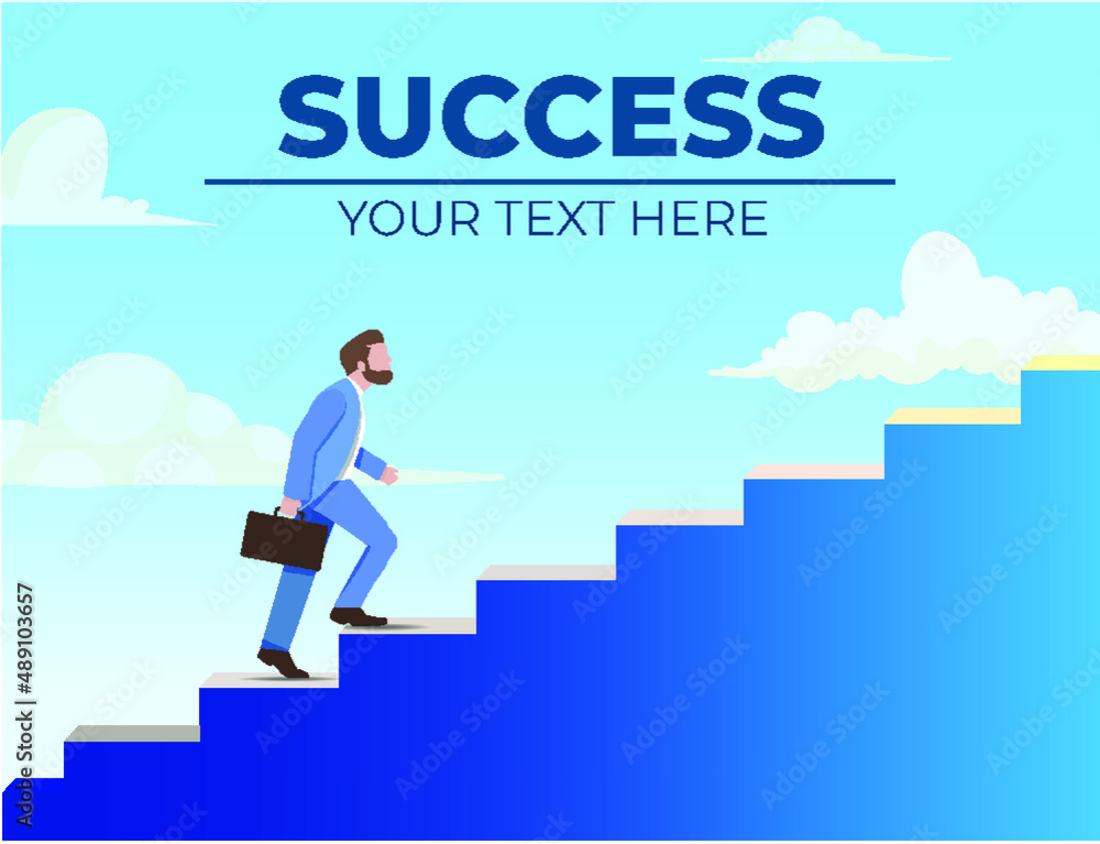 Fototapeta premium concept illustration of businessman achieving success. man in suit climbing stairs to the sky. 