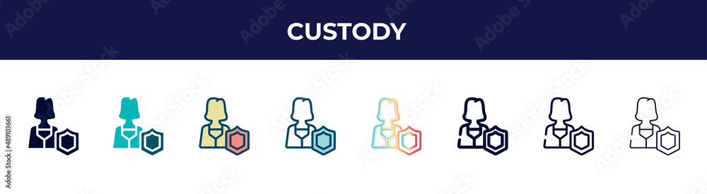 Fototapeta premium custody icon in 8 styles. line, filled, glyph, thin outline, colorful, stroke and gradient styles, custody vector sign. symbol, logo illustration. different style icons set.