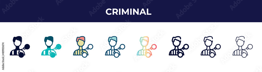 Fototapeta premium criminal icon in 8 styles. line, filled, glyph, thin outline, colorful, stroke and gradient styles, criminal vector sign. symbol, logo illustration. different style icons set.