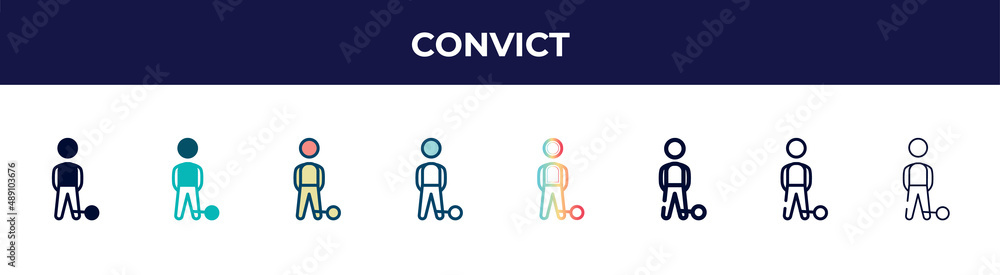 convict icon in 8 styles. line, filled, glyph, thin outline, colorful, stroke and gradient styles, convict vector sign. symbol, logo illustration. different style icons set. convict icon in 8 styles. line, filled, glyph, thin outline, colorful, stroke and gradient styles, convict vector sign. symbol, logo illustration. different style icons set.