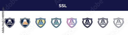 ssl icon in 8 styles. line, filled, glyph, thin outline, colorful, stroke and gradient styles, ssl vector sign. symbol, logo illustration. different style icons set.