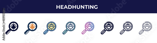 headhunting icon in 8 styles. line, filled, glyph, thin outline, colorful, stroke and gradient styles, headhunting vector sign. symbol, logo illustration. different style icons set.