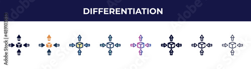 differentiation icon in 8 styles. line, filled, glyph, thin outline, colorful, stroke and gradient styles, differentiation vector sign. symbol, logo illustration. different style icons set.