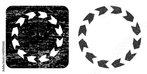 Vector circulation subtracted pictogram. Grunge circulation seal stamp, done from icon and rounded square. Rounded square seal include circulation subtracted shape inside.