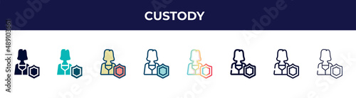 custody icon in 8 styles. line, filled, glyph, thin outline, colorful, stroke and gradient styles, custody vector sign. symbol, logo illustration. different style icons set.