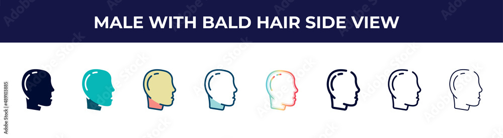 male with bald hair side view icon in 8 styles. line, filled, glyph, thin outline, colorful, stroke and gradient styles, male with bald hair side view vector sign. symbol, logo illustration.