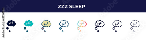 zzz sleep icon in 8 styles. line, filled, glyph, thin outline, colorful, stroke and gradient styles, zzz sleep vector sign. symbol, logo illustration. different style icons set.