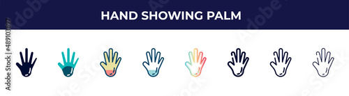 hand showing palm icon in 8 styles. line, filled, glyph, thin outline, colorful, stroke and gradient styles, hand showing palm vector sign. symbol, logo illustration. different style icons set. © VectorStockDesign
