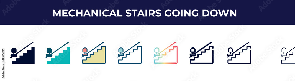 mechanical stairs going down icon in 8 styles. line, filled, glyph, thin outline, colorful, stroke and gradient styles, mechanical stairs going down vector sign. symbol, logo illustration. different