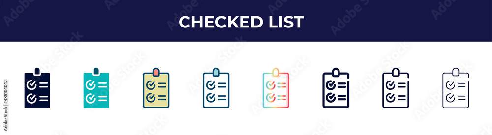checked list icon in 8 styles. line, filled, glyph, thin outline, colorful, stroke and gradient styles, checked list vector sign. symbol, logo illustration. different style icons set. checked list icon in 8 styles. line, filled, glyph, thin outline, colorful, stroke and gradient styles, checked list vector sign. symbol, logo illustration. different style icons set.