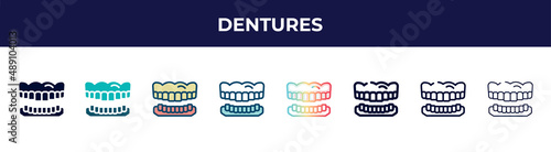 dentures icon in 8 styles. line, filled, glyph, thin outline, colorful, stroke and gradient styles, dentures vector sign. symbol, logo illustration. different style icons set.