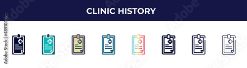 clinic history icon in 8 styles. line, filled, glyph, thin outline, colorful, stroke and gradient styles, clinic history vector sign. symbol, logo illustration. different style icons set.