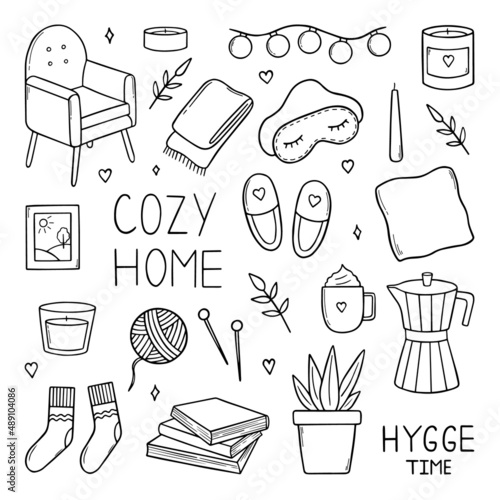 Hand drawn set of home hygge doodles. Coziness and comfortable lifestyle, cozy home. Cushion, house plant, mask for sleep, socks in sketch style.  Vector illustration isolated on white background.