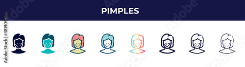 pimples icon in 8 styles. line, filled, glyph, thin outline, colorful, stroke and gradient styles, pimples vector sign. symbol, logo illustration. different style icons set.