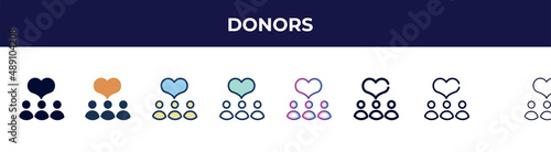 donors icon in 8 styles. line, filled, glyph, thin outline, colorful, stroke and gradient styles, donors vector sign. symbol, logo illustration. different style icons set.