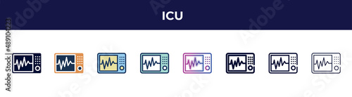 icu icon in 8 styles. line, filled, glyph, thin outline, colorful, stroke and gradient styles, icu vector sign. symbol, logo illustration. different style icons set.