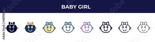 baby girl icon in 8 styles. line, filled, glyph, thin outline, colorful, stroke and gradient styles, baby girl vector sign. symbol, logo illustration. different style icons set.