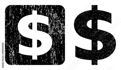 Vector dollar symbol carved icon. Grunge dollar symbol seal stamp, done from icon and rounded square. Rounded square stamp seal contain dollar symbol carving inside.
