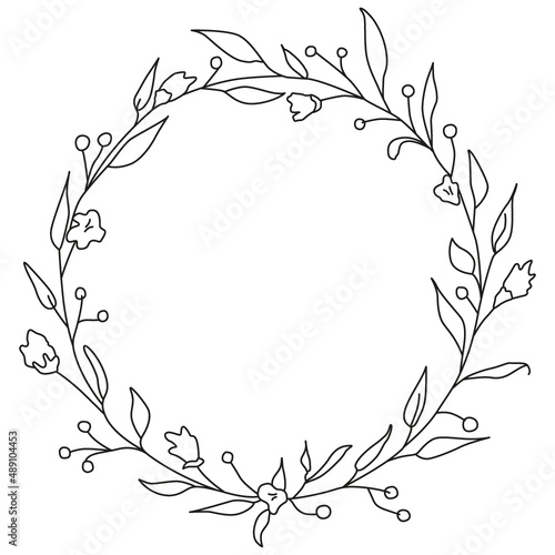 Floral Wreath in Monoline with Lovely Leaves  Flowers and Berries