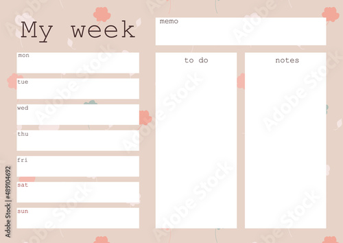 Cute Weekly Planner with flowers, to do list, memo, printable, vector illustration. For print or using in app. © Елизавета Хрусталева