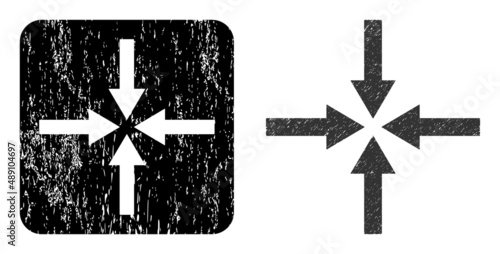 Vector impact arrows hole icon. Grunge impact arrows seal stamp, done from icon and rounded square. Rounded square stamp seal contain impact arrows subtracted shape inside.