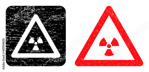 Vector radioactivity warning carved icon. Grunge radioactivity warning stamp, done with icon and rounded square. Rounded square stamp contain radioactivity warning carving inside.
