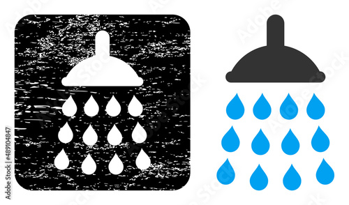 Vector shower hole icon. Grunge shower badge, done with icon and rounded square. Rounded square stamp seal have shower hole inside. Vector shower grunge images.