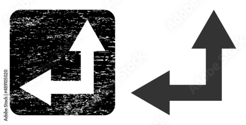Vector bifurcation arrow left up subtracted pictogram. Grunge bifurcation arrow left up seal, done with icon and rounded square.