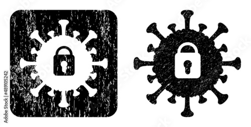 Vector covid lockdown carved icon. Grunge covid lockdown seal stamp, done with icon and rounded square. Rounded square stamp include covid lockdown cut out shape inside.