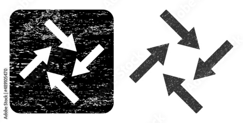 Vector centripetal arrows stencil icon. Grunge centripetal arrows stamp, done from icon and rounded square. Rounded square stamp seal contain centripetal arrows hole inside.