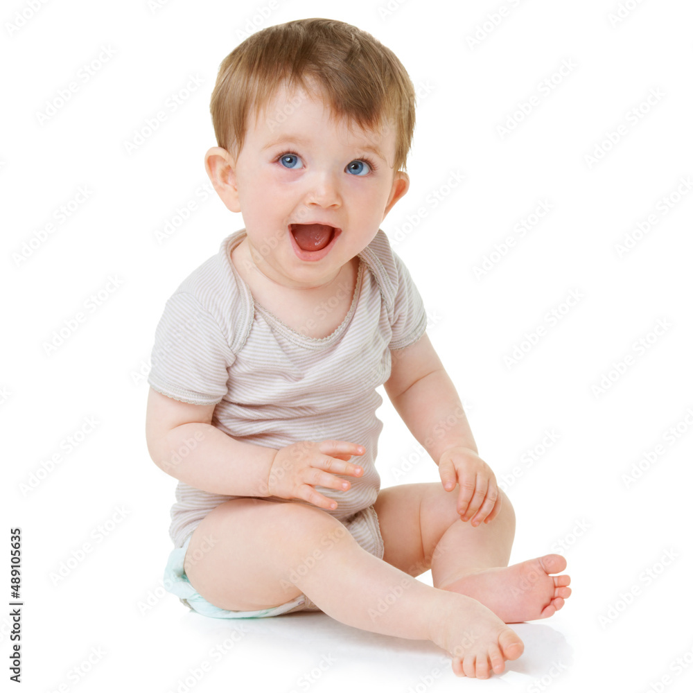 Baby laughter. An adorable baby sitting down and laughing isolated on white. Baby laughter. An adorable baby sitting down and laughing isolated on white.