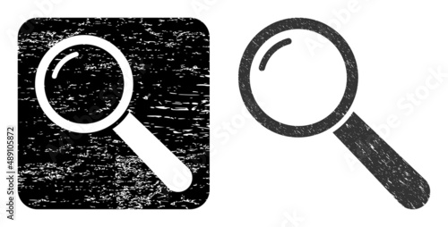 Vector magnifier carved icon. Grunge magnifier seal stamp, done from icon and rounded square. Rounded square stamp seal contain magnifier subtracted shape inside. Vector magnifier grunge images.