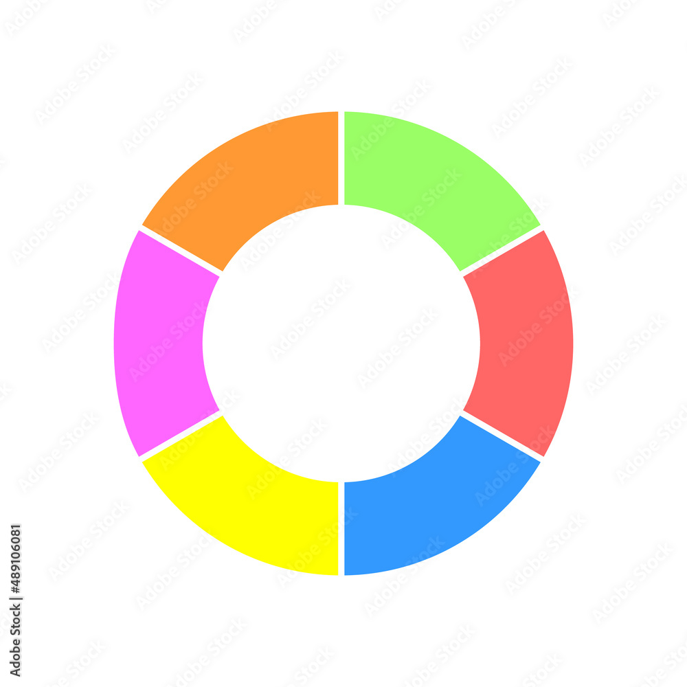 Donut chart. Colorful round diagram divided in 6 equal parts. Infographic wheel icon. Circle shape cut in six sectors isolated on white background. Vector flat illustration Donut chart. Colorful round diagram divided in 6 equal parts. Infographic wheel icon. Circle shape cut in six sectors isolated on white background. Vector flat illustration