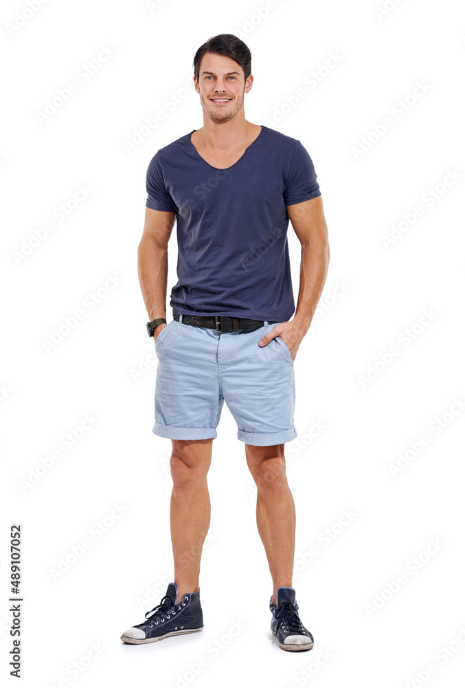 Hes cool and casual. Studio portrait of a handsome young man isolated on white. Hes cool and casual. Studio portrait of a handsome young man isolated on white.