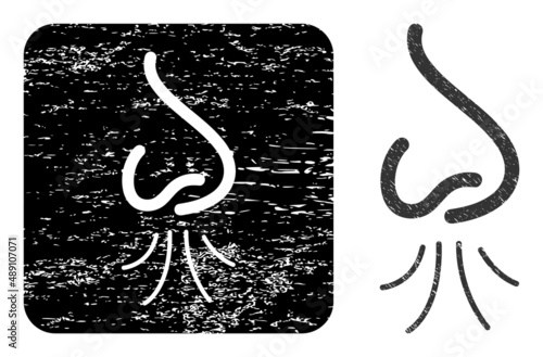 Vector nose sniffing carved icon. Grunge nose sniffing seal stamp, done with icon and rounded square. Rounded square seal include nose sniffing subtracted shape inside.