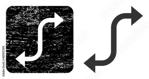 Vector opposite bend arrow hole icon. Grunge opposite bend arrow seal stamp, done from icon and rounded square. Rounded square stamp seal have opposite bend arrow empty space inside.