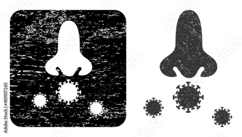 Vector nose viruses carved pictogram. Grunge nose viruses seal stamp, done from icon and rounded square. Rounded square stamp seal contain nose viruses subtracted shape inside.