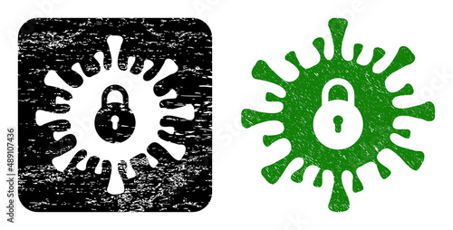 Vector infection lockdown subtracted pictogram. Grunge infection lockdown stamp, done with icon and rounded square. Rounded square stamp contain infection lockdown subtracted shape inside.