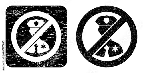 Vector no police officer subtracted icon. Grunge no police officer seal stamp, done from icon and rounded square. Rounded square seal have no police officer subtracted shape inside.