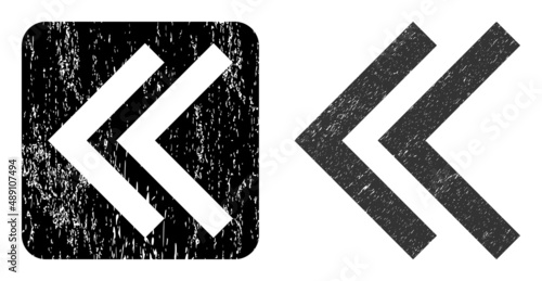 Vector shift left subtracted icon. Grunge shift left seal stamp, done with icon and rounded square. Rounded square seal contain shift left subtracted shape inside. Vector shift left grunge images.