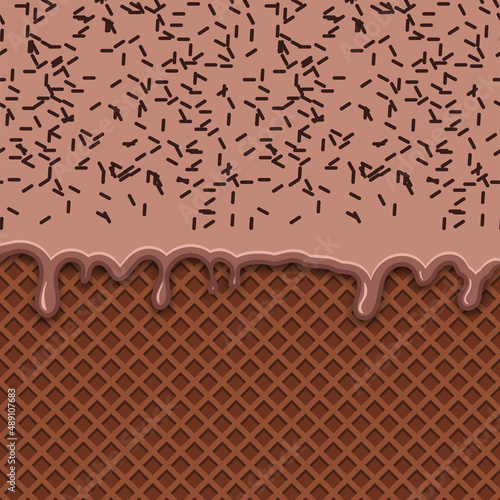 Chocolate ice-cream melted on waffle background. Chocolate ice cream melted with chocolate cute candy sprinkles. Vector Illustration