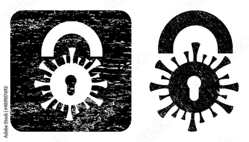 Vector viral lockdown hole icon. Grunge viral lockdown seal stamp, done with icon and rounded square. Rounded square stamp seal have viral lockdown cut out shape inside.