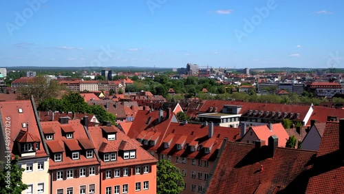 Panorama view of Nuremberg city old town from Nuremberg Castle (Kaiserburg) on a sunny summer day with blue sky cloud, Nuremberg, Germany