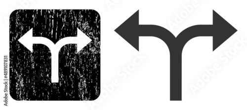 Vector bifurcation arrows left right carved icon. Grunge bifurcation arrows left right seal stamp, done from icon and rounded square.