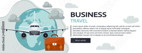 Business travel illustration. Suitcase and airplane icon. Flat vector. Website banner
