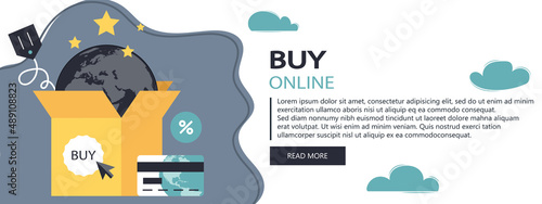On line shopping and payment Methods. Mobile payments. Pay per click and online order. Flat vector illustration. Website banner	