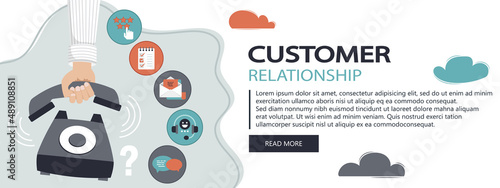 Business customer care service concept. Icons set of contact us, support, help, phone call and website click. Flat vector illustration. Website banner